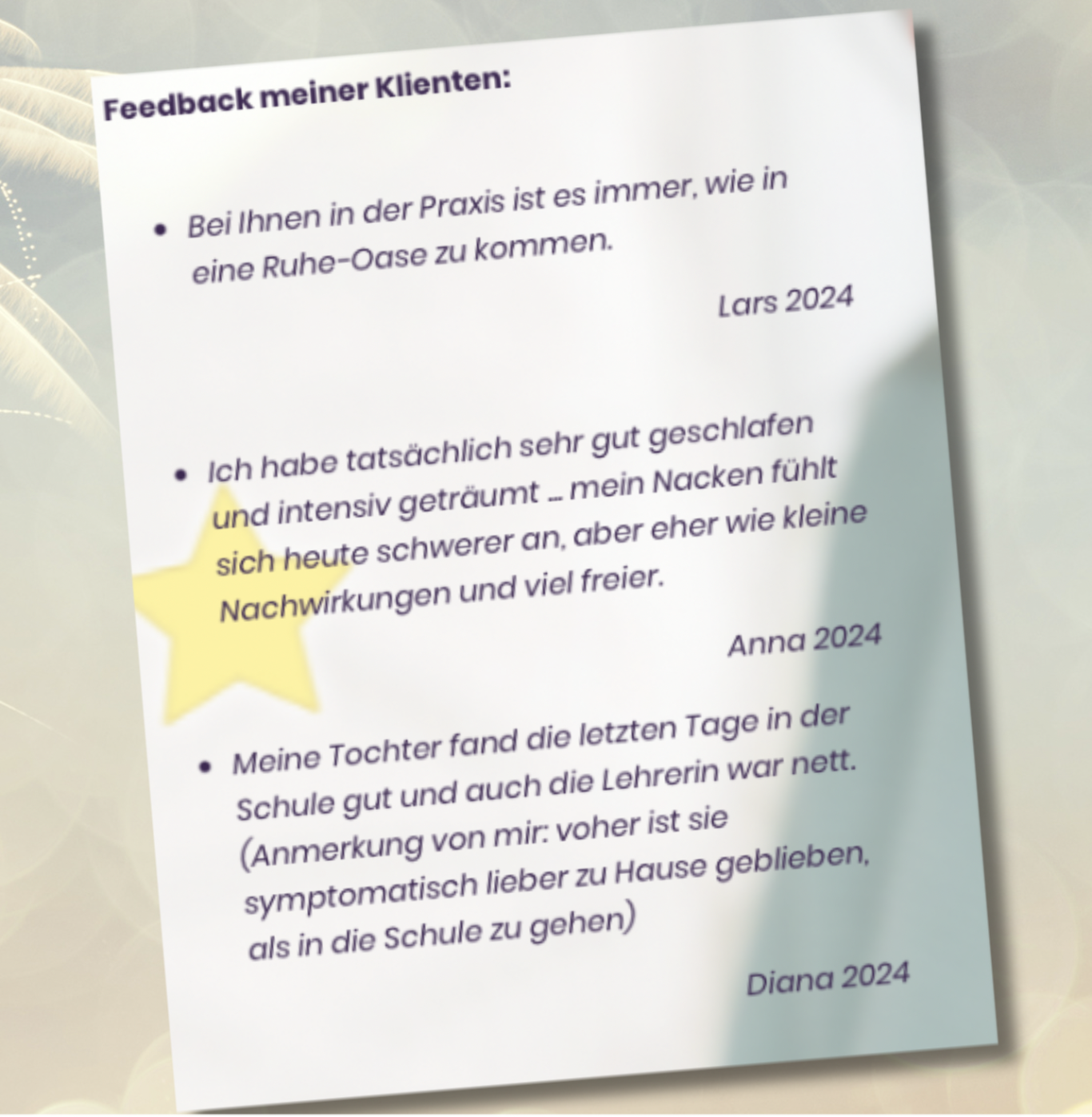 Feedback von drei Klienten Feedback von Kunden zu einem Projekt, lobt die Ruhe und die hilfreiche Betreuung.