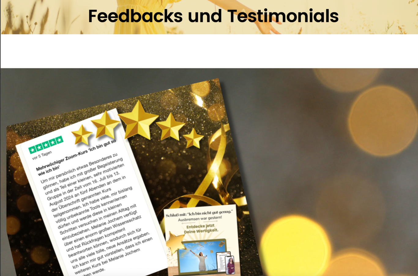 Feedback zum Kurs Feedbacks und Testimonials mit fünf goldenen Sternen auf einem festlichen Hintergrund.
